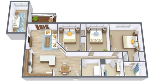 Floor plan for 3 beds, 2 baths, 1281 sqft